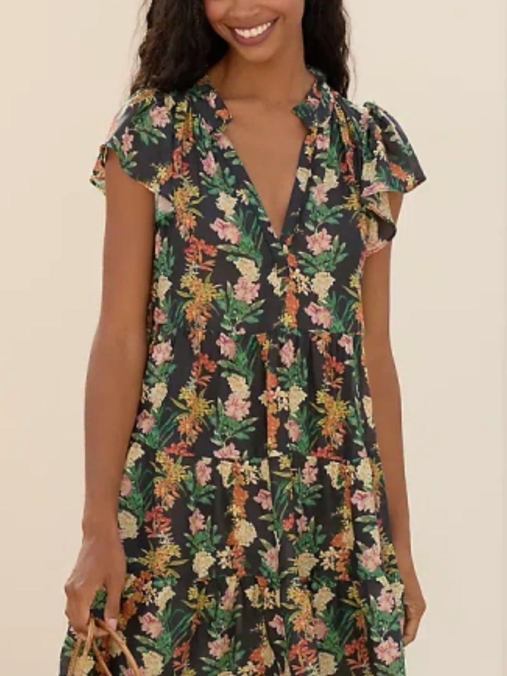 Anthropologie Black Floral V-Neck Flutter Sleeve Midi Dress